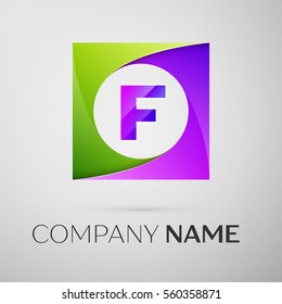 Letter F vector logo symbol in the colorful square on grey background. Vector template for your design