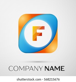 Letter F vector logo symbol in the colorful square on grey background. Vector template for your design