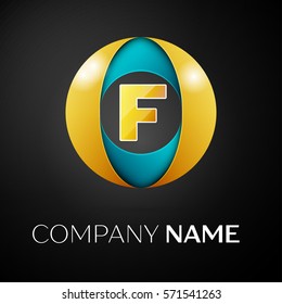 Letter F vector logo symbol in the colorful circle on black background. Vector template for your design