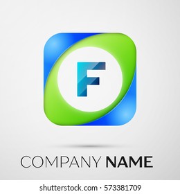 Letter F vector logo symbol in the colorful square on grey background. Vector template for your design