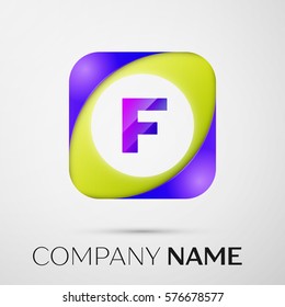 Letter F vector logo symbol in the colorful square on grey background. Vector template for your design