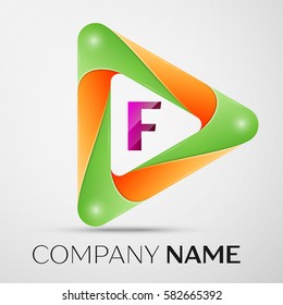 Letter F vector logo symbol in the colorful triangle on grey background. Vector template for your design