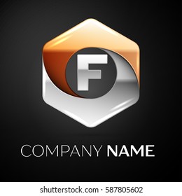 Letter F vector logo symbol in the colorful hexagonal on black background. Vector template for your design