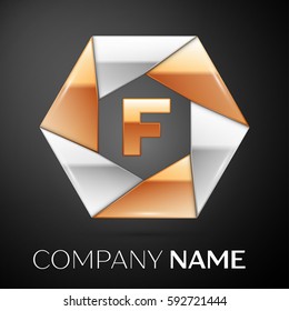 Letter F vector logo symbol in the colorful hexagon on black background. Vector template for your design