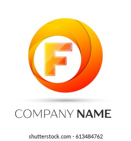 Letter F vector logo symbol in the colorful circle on grey background. Vector template for your design