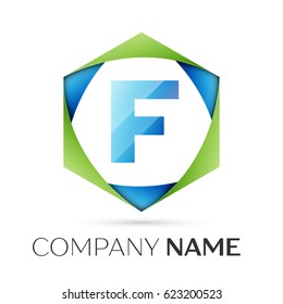 Letter F vector logo symbol in the colorful hexagonal on grey background. Vector template for your design