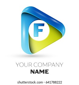 Letter F vector logo symbol in the colorful triangle on grey background. Vector template for your design
