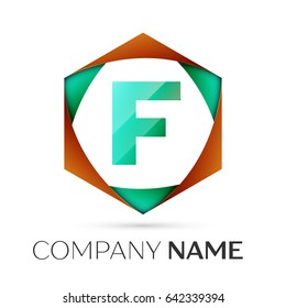 Letter F vector logo symbol in the colorful hexagonal on grey background. Vector template for your design