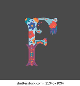 Letter "F" from very decocative alphabet for Day ot the Dead in Mexica, for piraten party or Halloween. It сonsists of a bone decorated with flowers. For cards, t-shirts, invitations