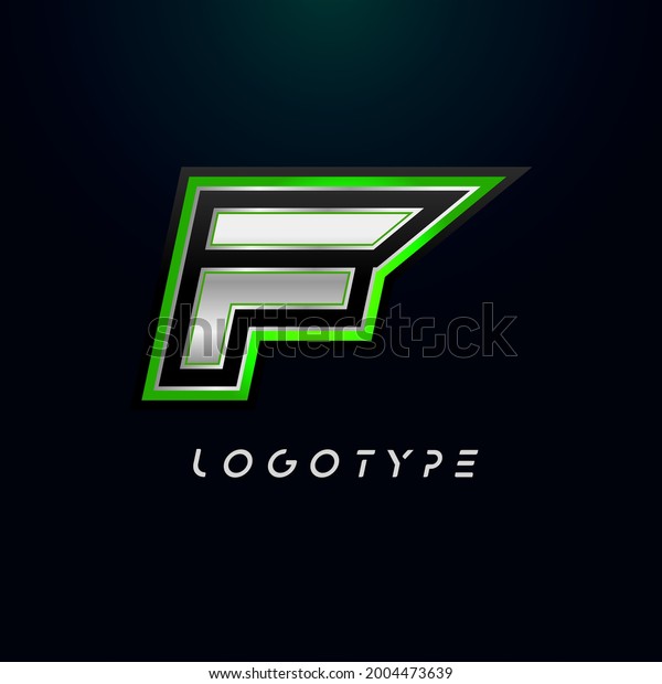 Letter F for video\
game logo and super hero monogram. Sport gaming emblem, bold\
futuristic letter with sharp angles and green outline. Tilted sharp\
letter type on black\
background