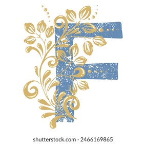 Letter f in vintage style with beautiful gold swirls. The letter is shabby as if it were old. Traditional floral motifs. For monogram, invitations, wedding, decoration.