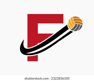 Letter F Volleyball Logo Concept With Moving Volley Ball Icon. Volleyball Sports Logotype Template