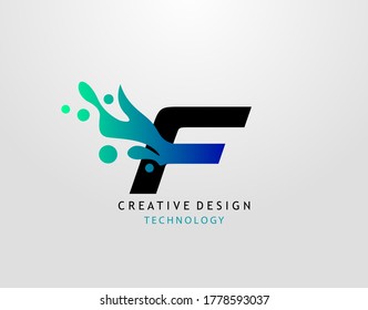 Letter F Water Splash Logo. Modern Techno Alphabet Splatter Icon, Template Design.