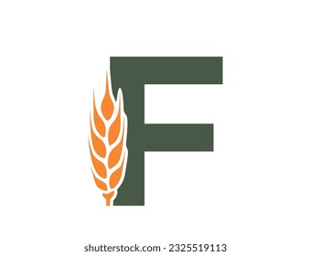 letra f con oreja de trigo. logotipo del alfabeto de cosecha y alimentos orgánicos. agricultura, cultivos de cereales y diseño de la agricultura de cereales. imagen vectorial aislada