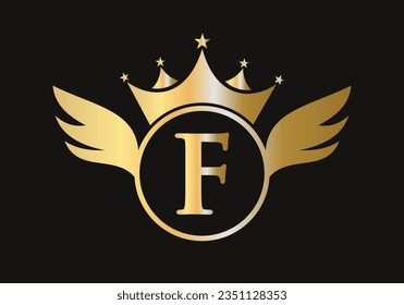 Letter F Wing Logo Concept With Crown Icon Vector Template. Wing Symbol