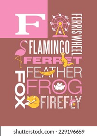 Letter F words typography illustration alphabet poster design