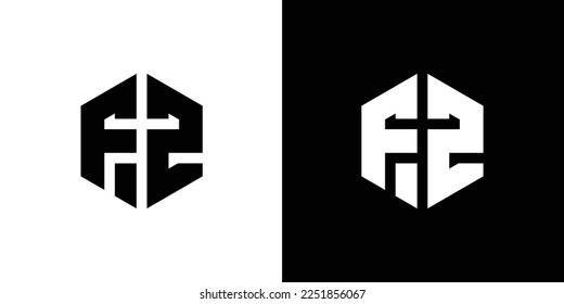 Letter F Z polygon, Hexagonal minimal and professional logo design on black and white background