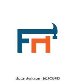 Letter FA with with hammer renovation, building services, repair, construction logo design template. Blue and Orange color icon. Isolated on white background. Vector illustration in eps 10.