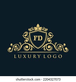 Letter FD logo with Luxury Gold Shield. Elegance logo vector template.