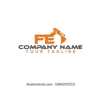 Letter FE Building With Excavator Logo Design Concept. Creative Excavators, Construction Machinery Special Equipment Vector Illustration.