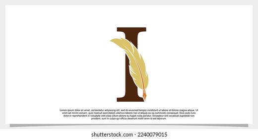letter i feather logo design with feather pen icon concept