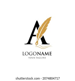 Letter A Feather Pen Logo Design Vector Icon Graphic Emblem Illustration Background Template