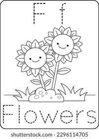 Letter Ff, uppercase and lowercase, cute children coloring flowers, ABC alphabet tracing practice worksheet of flowers for kids learning English vocabulary, and handwriting vector illustration