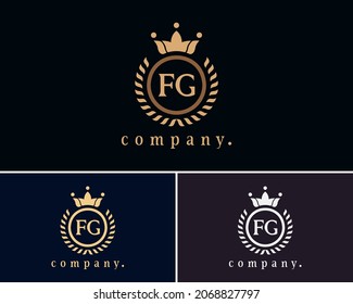 Letter FG laurel wreath monogram template. Beautiful crown logo for Royalty, business card, Boutique, Hotel, Heraldic, Cafe, Restaurant, Web design, Jewelry. Elegant vector emblem illustration.