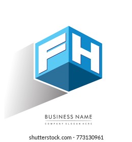 Letter FH logo in hexagon shape and blue background, cube logo with letter design for company identity.
