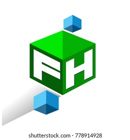 Letter FH logo in hexagon shape and green background, cube logo with letter design for company identity.

