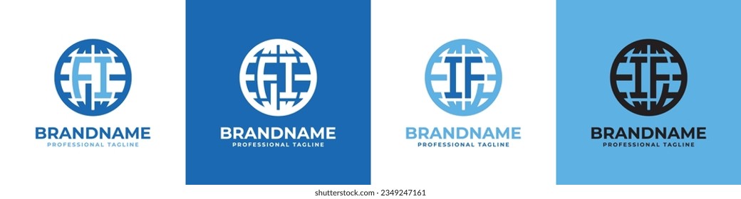 Conjunto de logotipos de letras FI y IF Globe, adecuado para cualquier negocio con iniciales FI o IF.