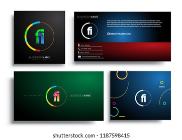 Letter FI logotype with colorful circle, letter combination logo design with ring, sets of business card for company identity, creative industry, web, isolated on white background.
