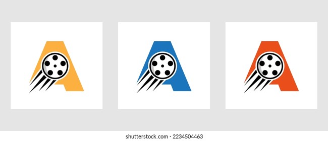 Letter A Film Logo Concept With Film Reel For Media Sign, Movie Director Symbol