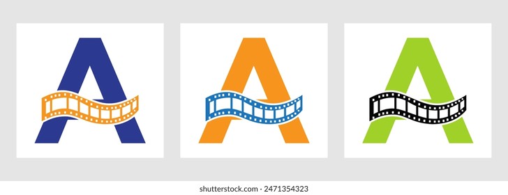 Letter A with Films Roll Symbol. Strip Film Logo For Movie Sign and Entertainment Concept