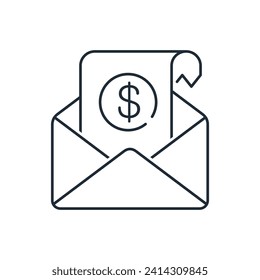 Carta con recibo financiero. Pago por servicios, penalización. Icono lineal vectorial aislado en fondo blanco.