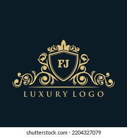 Letter FJ logo with Luxury Gold Shield. Elegance logo vector template.