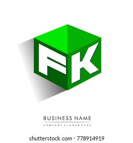 Letter FK logo in hexagon shape and green background, cube logo with letter design for company identity.
