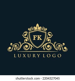 Letter FK logo with Luxury Gold Shield. Elegance logo vector template.