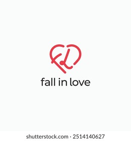 Letter FL heart shape simple linear logo. Fall in love symbol, icon, sign