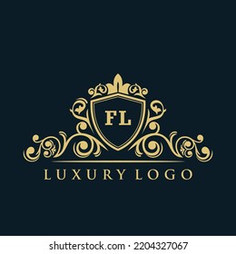 Letter FL logo with Luxury Gold Shield. Elegance logo vector template.