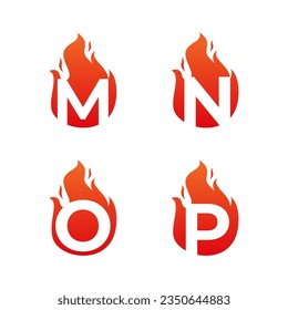 Letter flame for logo company. Letter M N O P logo flames template, fire logo initials