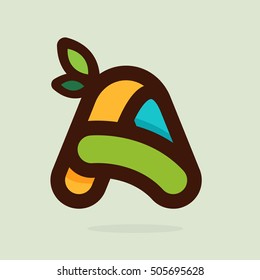 Letter A flat style logo with green leaves. Vector elements for ecology posters, t-shirts and cards.