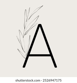 Letter A with floral motifs. Font with blooming branches. Isolated vector illustration.