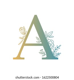 Letter floral Vector Hand Drawn Flowered A monogram, logo, icon. Uppercase Letter with Flowers and Branches. Wildflowers Floral Design illustration.
