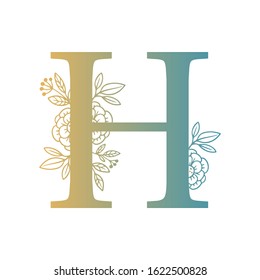 Letter floral Vector Hand Drawn Flowered H monogram, logo, icon. Uppercase Letter with Flowers and Branches. Wildflowers Floral Design illustration.