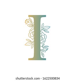 Letter floral Vector Hand Drawn Flowered I monogram, logo, icon. Uppercase Letter with Flowers and Branches. Wildflowers Floral Design illustration.