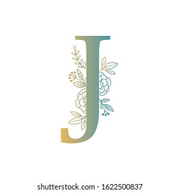 Letter floral Vector Hand Drawn Flowered J monogram, logo, icon. Uppercase Letter with Flowers and Branches. Wildflowers Floral Design illustration.