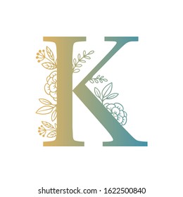 Letter floral Vector Hand Drawn Flowered K monogram, logo, icon. Uppercase Letter with Flowers and Branches. Wildflowers Floral Design illustration.