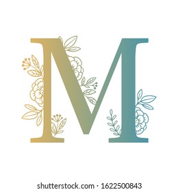 Letter floral Vector Hand Drawn Flowered M monogram, logo, icon. Uppercase Letter with Flowers and Branches. Wildflowers Floral Design illustration.