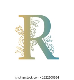 Letter floral Vector Hand Drawn Flowered R monogram, logo, icon. Uppercase Letter with Flowers and Branches. Wildflowers Floral Design illustration.